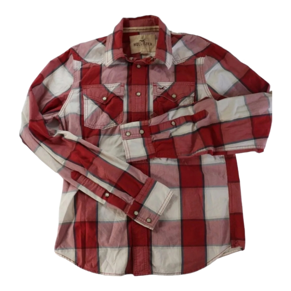 Hollister Red Plaid Pearl Snap Western Button Down Shirt‎ Men's Small
